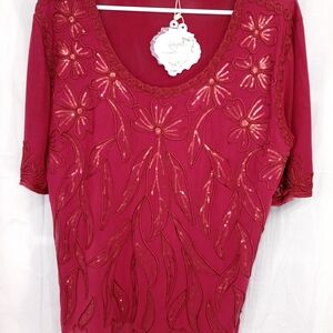 Simply Couture Deep Red Floral Embroidered Blouse